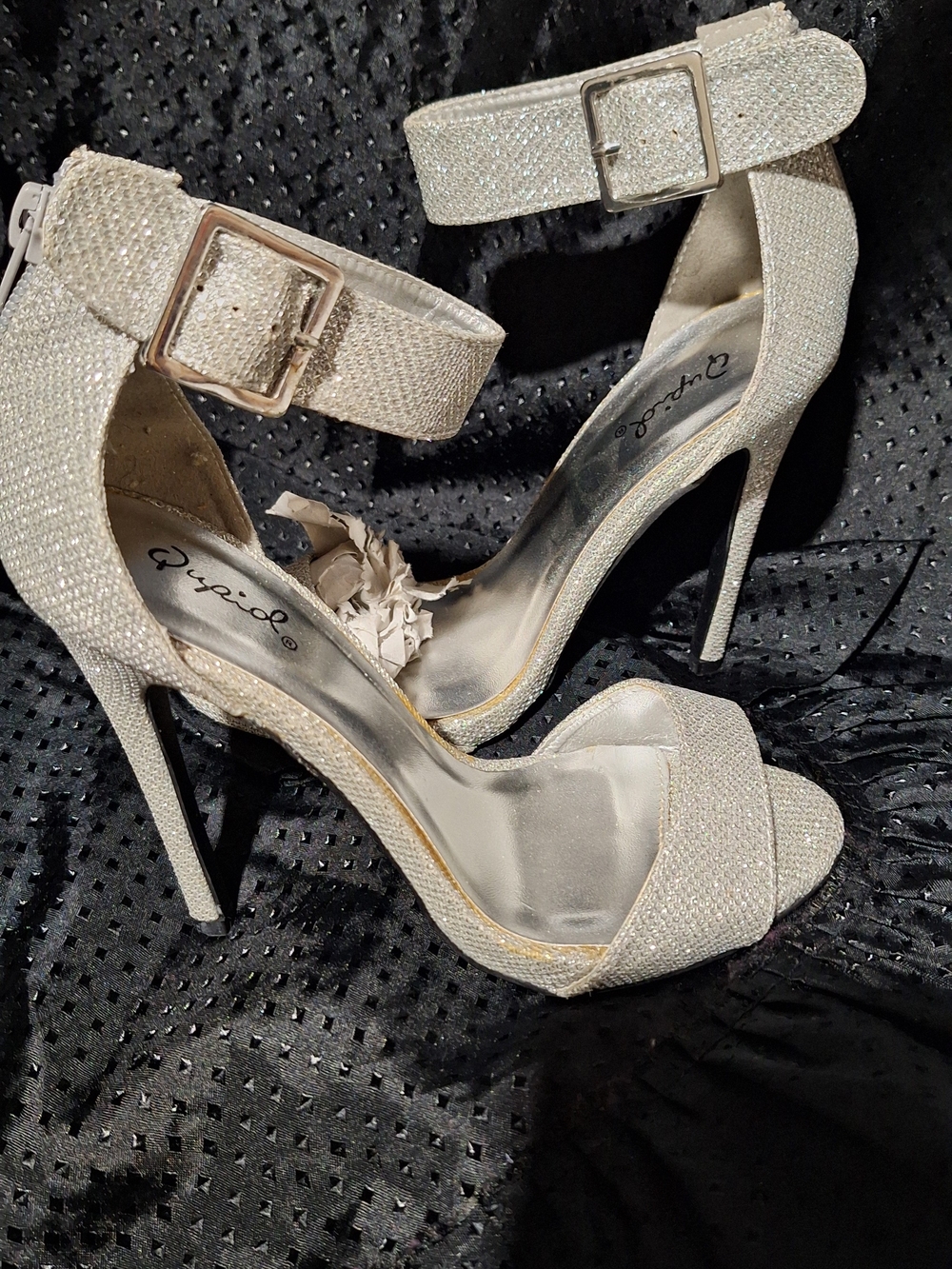 Qupid Silver Sparkle Ankle-Strap Stiletto Sandals